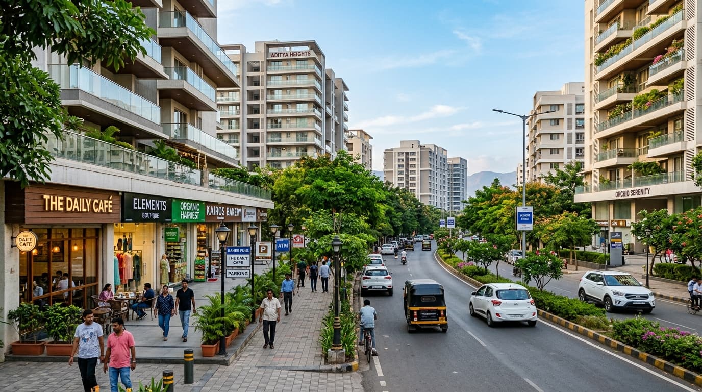 Baner Pune residential and commercial corridor near Balewadi High Street with luxury high-rise towers