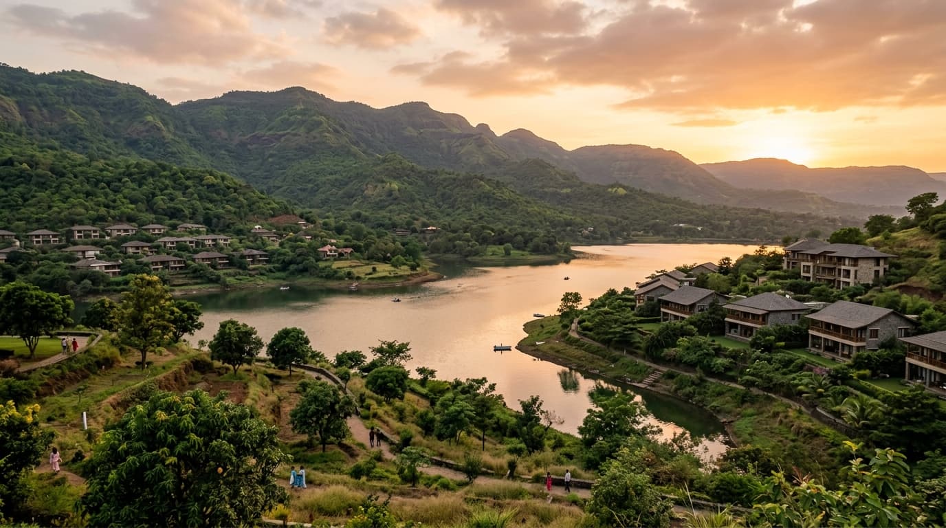Bhugaon scenic landscape near Manas Lake with lakeside residential developments and Sahyadri foothills