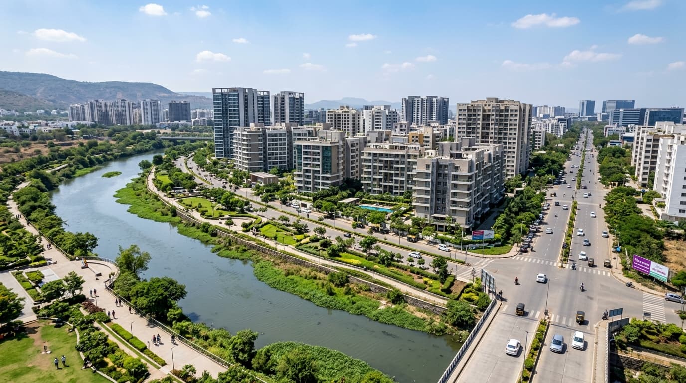 Mahalunge Pune hi-tech township corridor along Mula River with riverside promenade and modern gated communities
