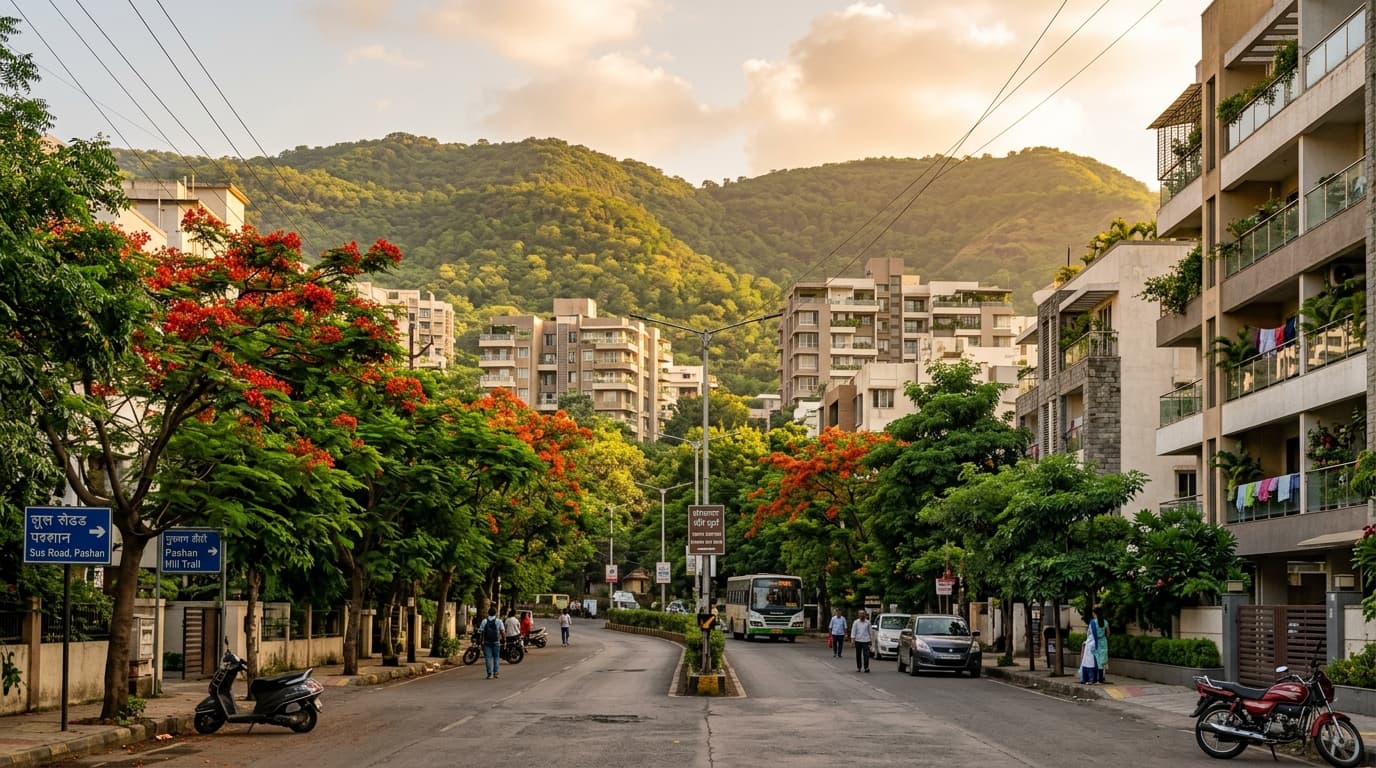 Pashan Pune tranquil residential avenue with lush tree canopy and distant Sahyadri hill ridges