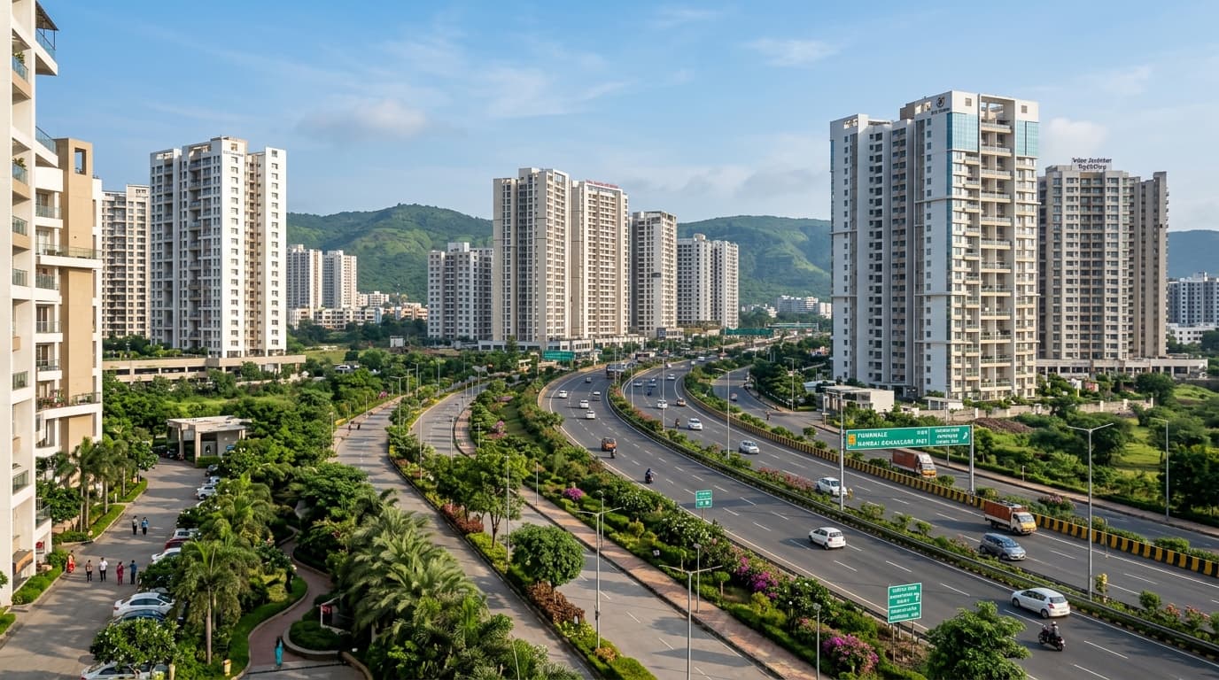 Punawale Pune suburban residential corridor along Mumbai-Bangalore Highway bypass with high-rise towers