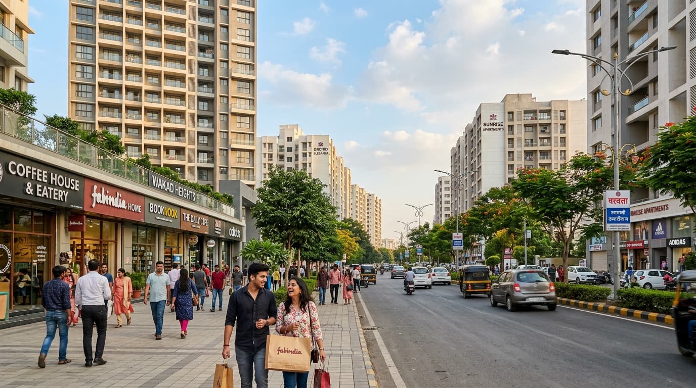 Wakad Pune vibrant residential high-street with modern luxury high-rise towers and wide commercial boulevards